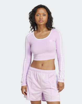 adidas Originals - Adicolor - Langärmliges Cropped-T-Shirt in Light Orchid mit 3-Streifen-Logo-Rosa