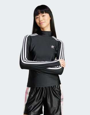 adidas Originals - Adicolor - Langärmliges T-Shirt in Schwarz mit 3-Streifen-Logo und Stehkragen