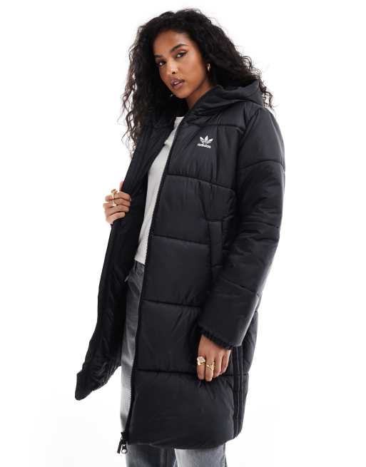 adidas Originals Adicolor Lange Steppjacke in Schwarz