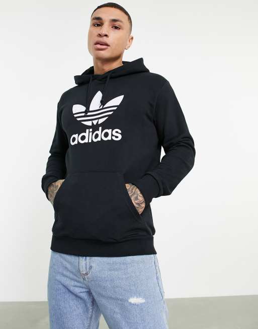 adidas Originals adicolor large trefoil hoodie in black |