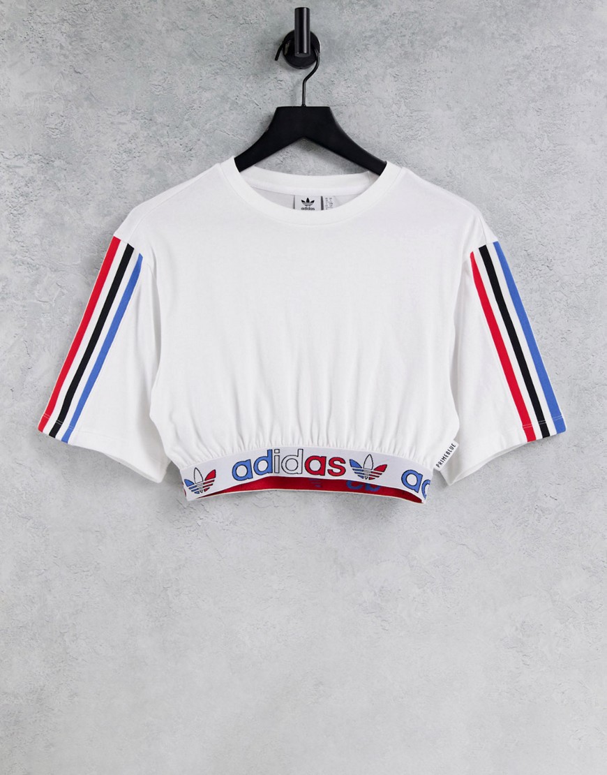 Adidas Originals adicolor logo cropped t-shirt in white with elastic waist