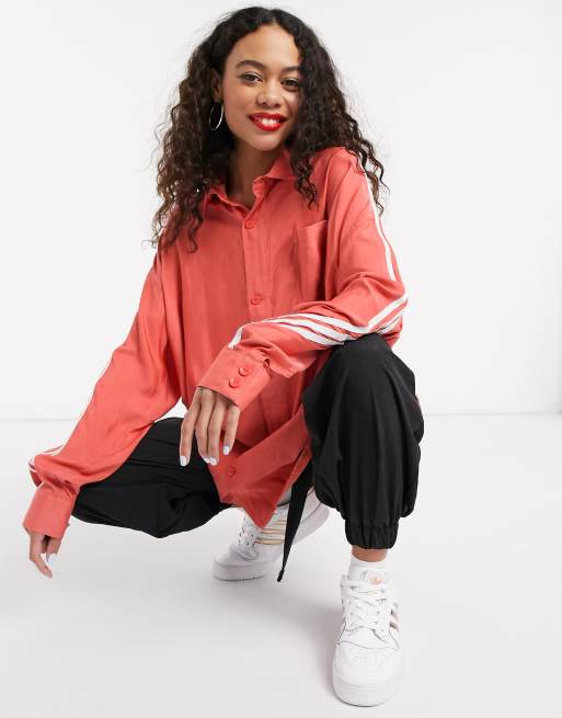 adidas Originals adicolor long sleeve satin button up shirt in red