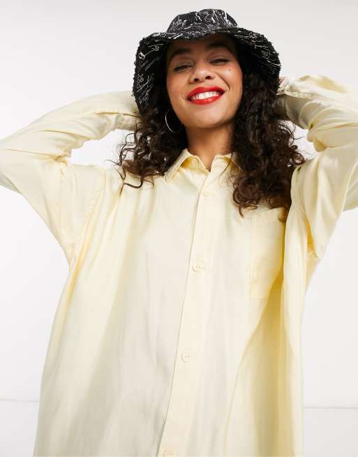 adidas Originals adicolor long sleeve satin button up shirt in yellow