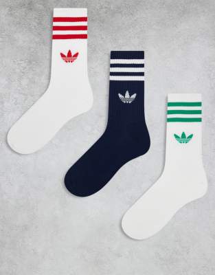 adidas Originals - Adicolor - Lot de 3 paires de chaussettes à logo trèfle - Blanc/bleu marine
