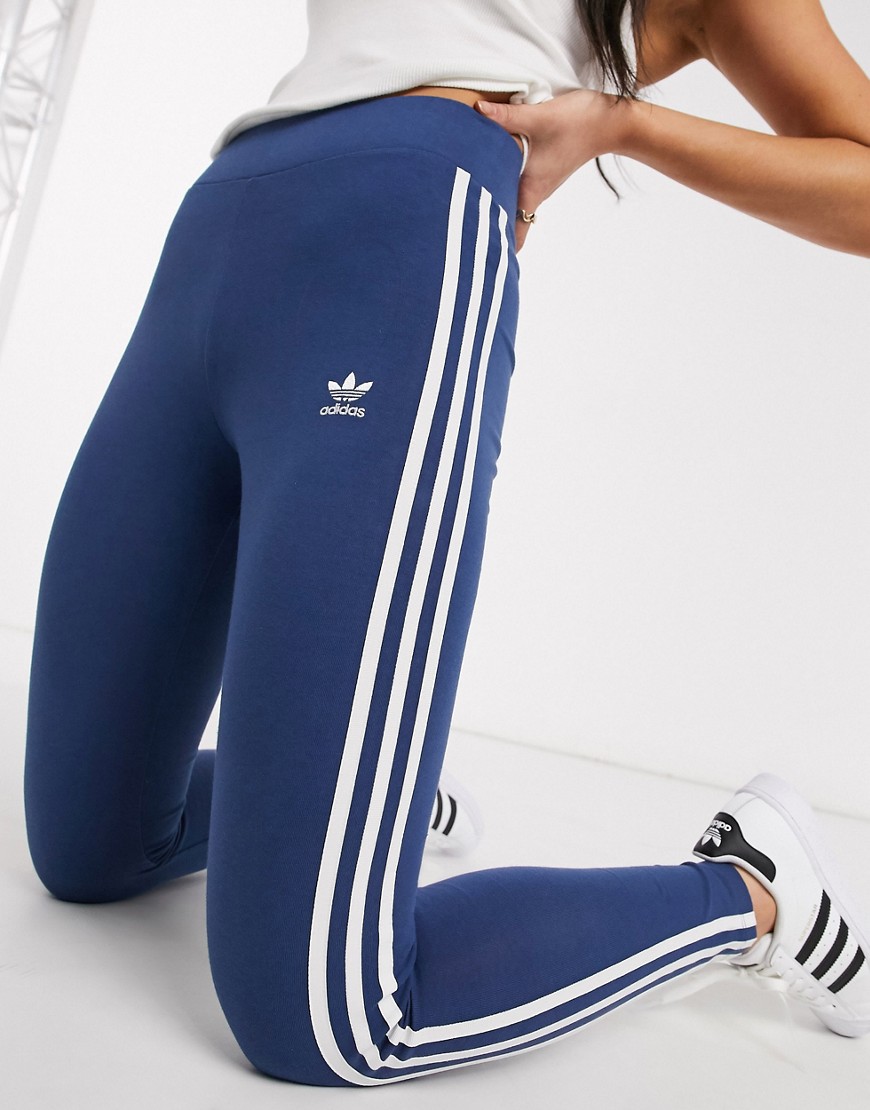 Adidas Originals – adicolor – Marinblå leggings med tre ränder och hög midja