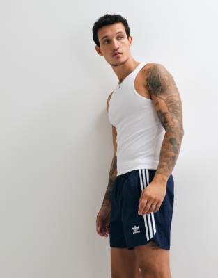 adidas Originals adidas Originals adicolor polyester 3 stripe shorter shorts in navy