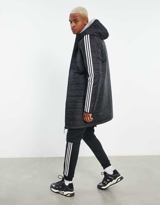 adidas Originals Adicolor Pufferjack met capuchon lange pasvorm en 3 strepen in zwart