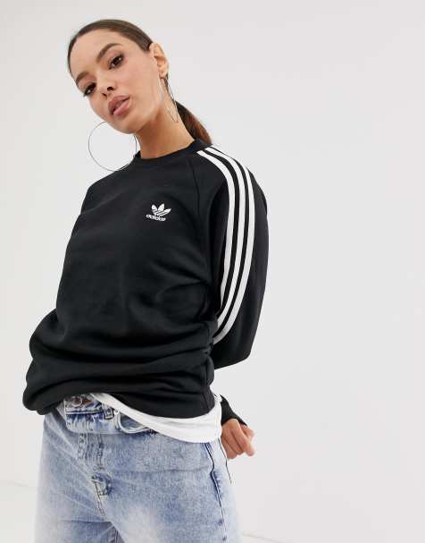 adidas Originals – adicolor – Schwarzes Sweatshirt mit Rundhalsausschnitt und drei Streifen