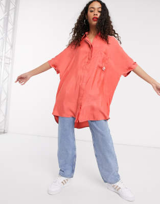 red satin button up shirt