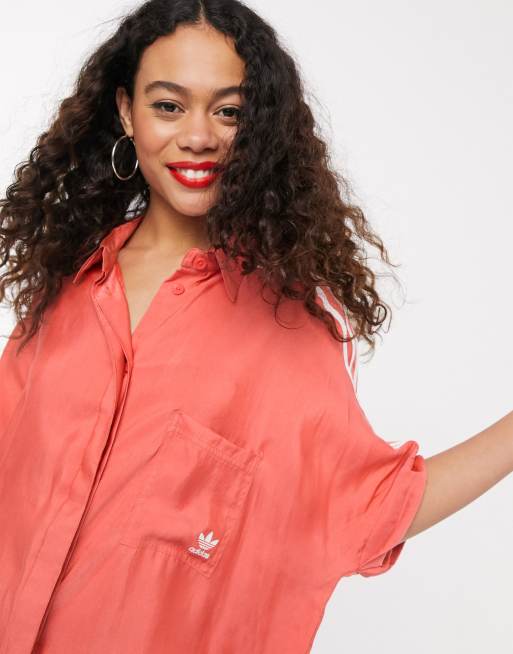 Adidas Originals Adicolor Short Sleeve Satin Look Button Up Shirt In Red Asos