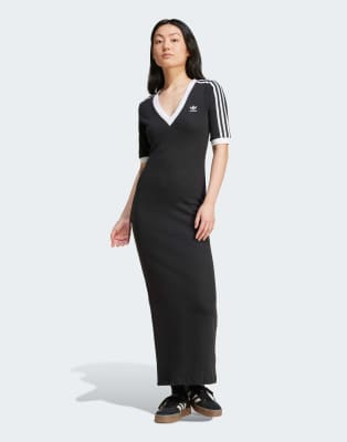 adidas Originals - Adicolor - Strickkleid in Schwarz mit 3 Streifen und V-Ausschnitt