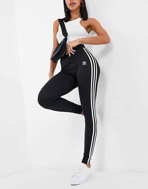 adidas Originals – adicolor – Svarta leggings med tre ränder och hög midja