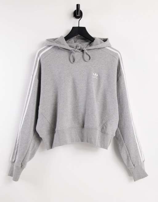 adidas Originals – adicolor – Szara krótka bluza z kapturem, trzema paskami i logo