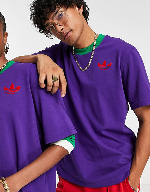 adidas Originals - adicolor - T-shirt unisexe à grand logo trèfle style années 70 - Violet | ASOS