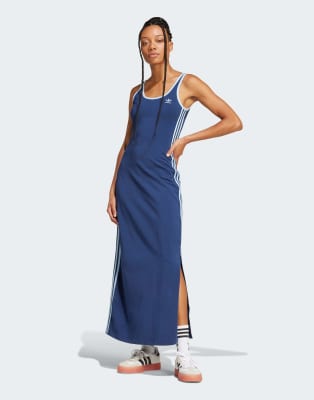 adidas Originals - Adicolor - Tanktop-Maxikleid mit den 3 Streifen in dunklem Indigoblau/Weiß