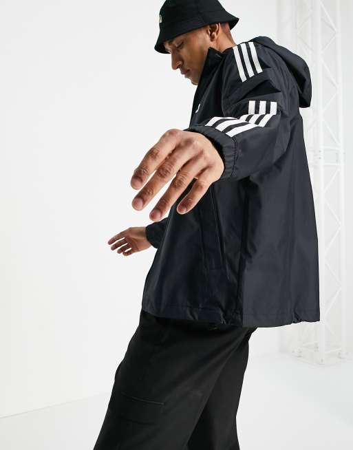 adidas Originals adicolor three stipe zip through windbreaker in black |  ASOS