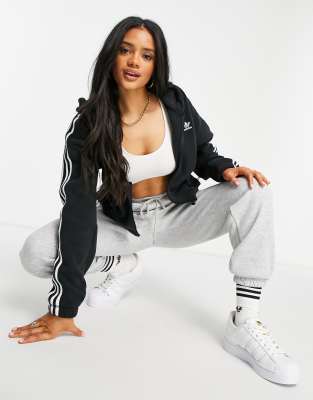 adidas originals three stripe zip thru hoodie in black