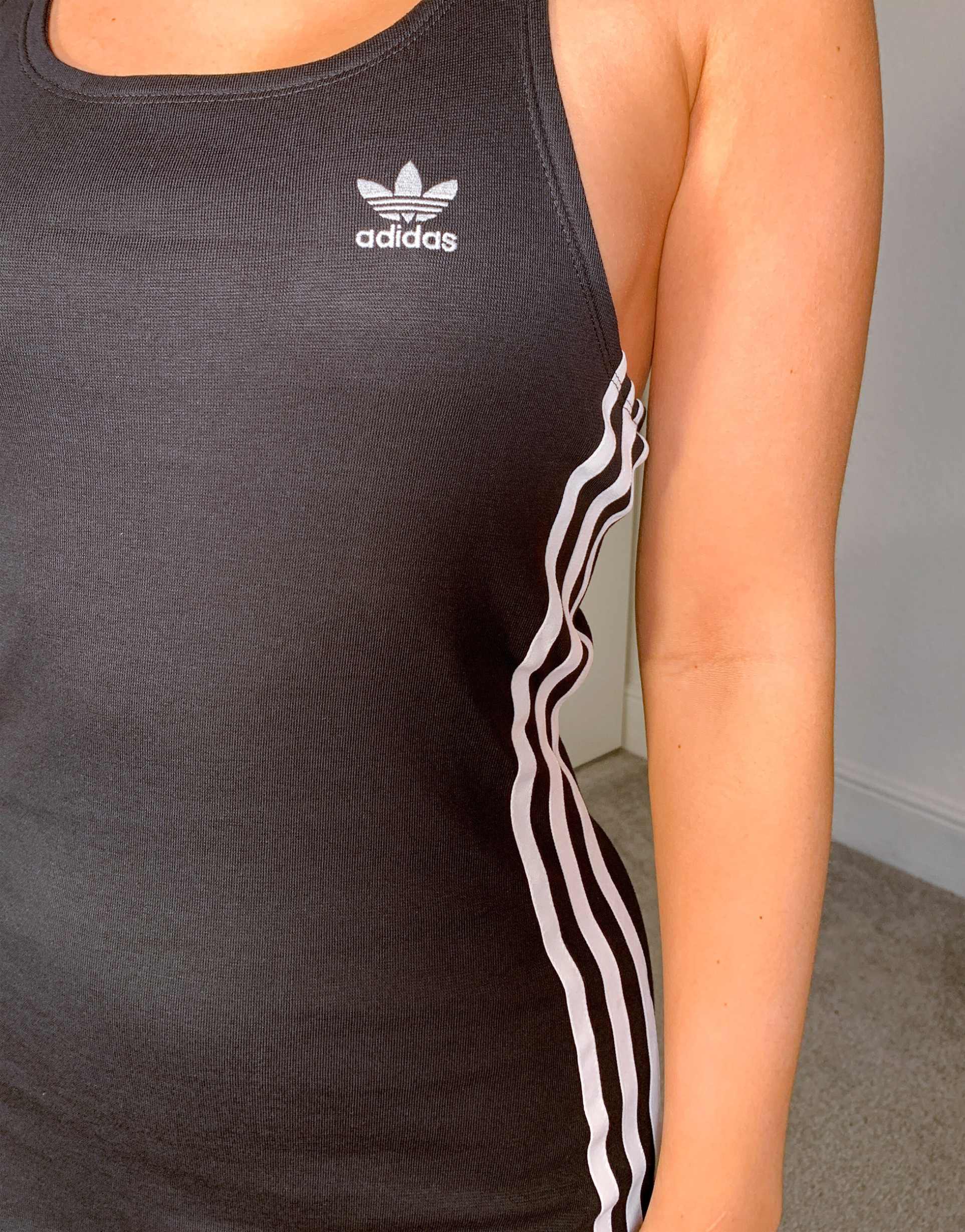 adidas Originals adicolor three stripe bodycon racer back dress in black view 4