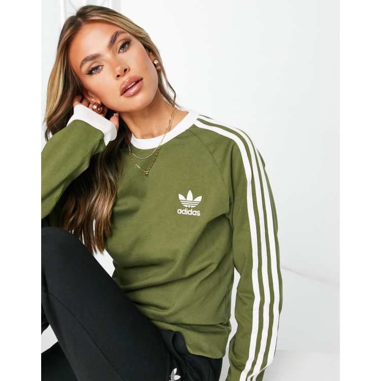 adidas Originals adicolor three stripe boyfriend fit long sleeve t shirt in khaki