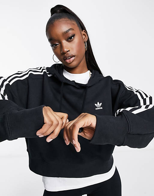 Women adidas Originals adicolor three stripe cropped hoodie in black 