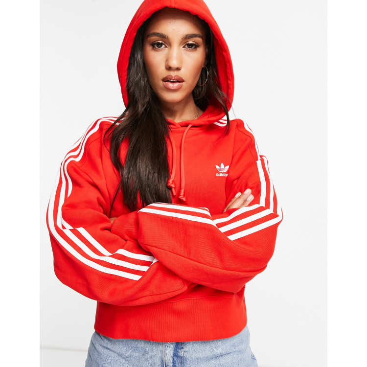 adidas Originals adicolor three stripe cropped hoodie in red