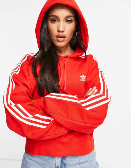 adidas Originals adicolor three stripe cropped hoodie in red