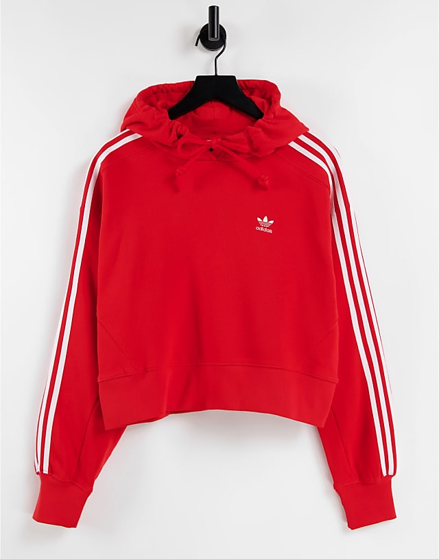adidas Originals adicolor three stripe cropped hoodie in red | ASOS