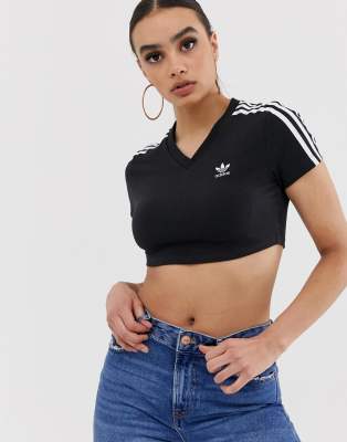 adidas originals adicolor three stripe cropped top in black