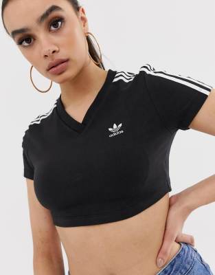 adidas originals adicolor three stripe cropped top in black