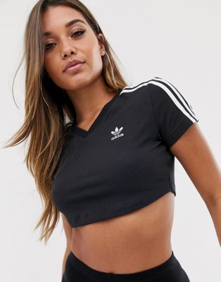 adidas originals three stripe cropped long sleeve top in black