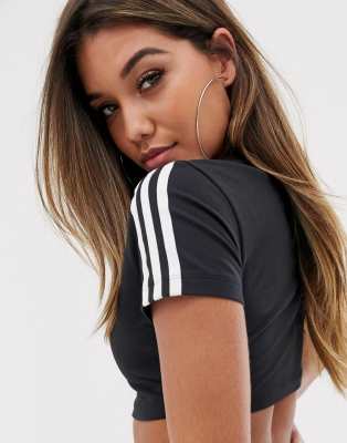 adidas originals adicolor three stripe cropped top in black