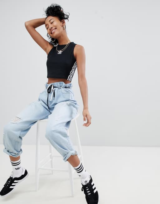 Adidas originals adicolor three stripe cropped top in black 2025