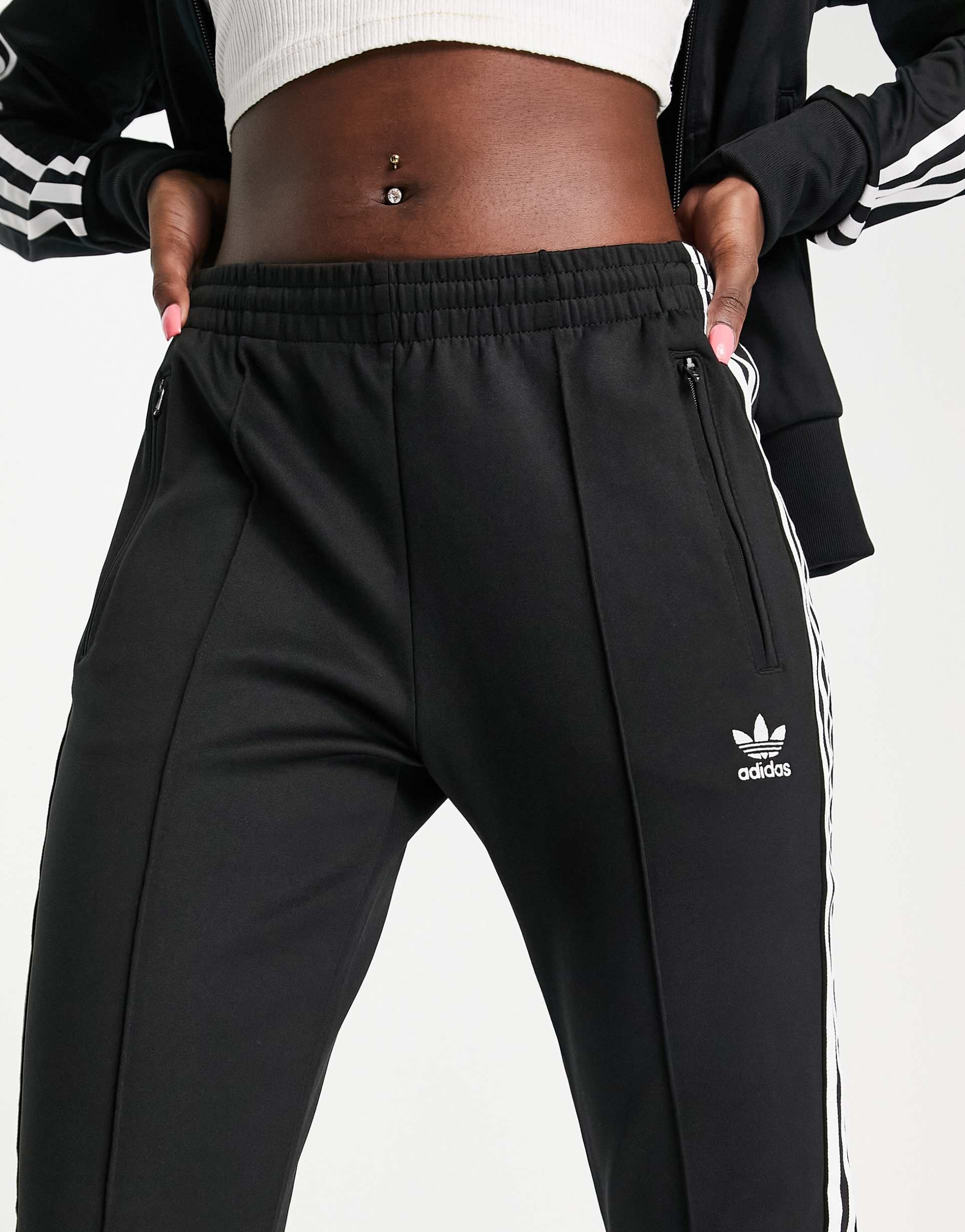 adidas Originals adicolor three stripe cuffed joggers in black view 3
