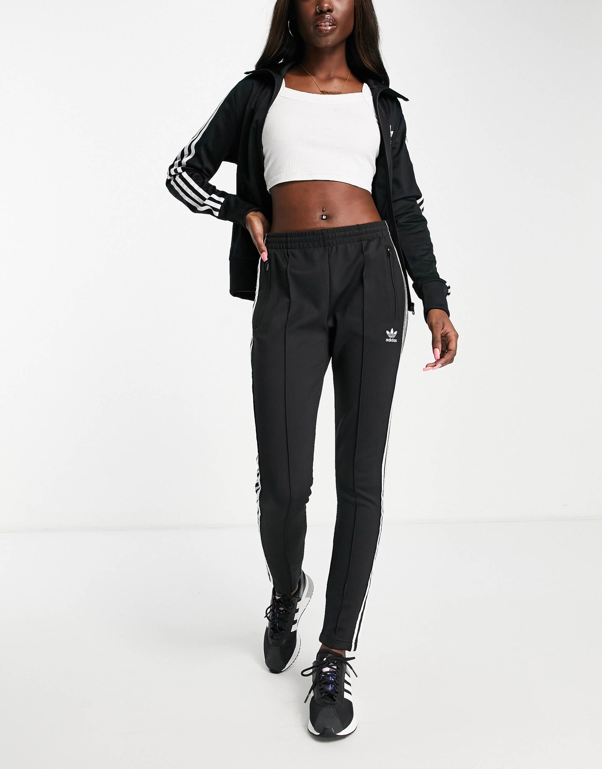 adidas Originals adicolor three stripe cuffed joggers in black view 4
