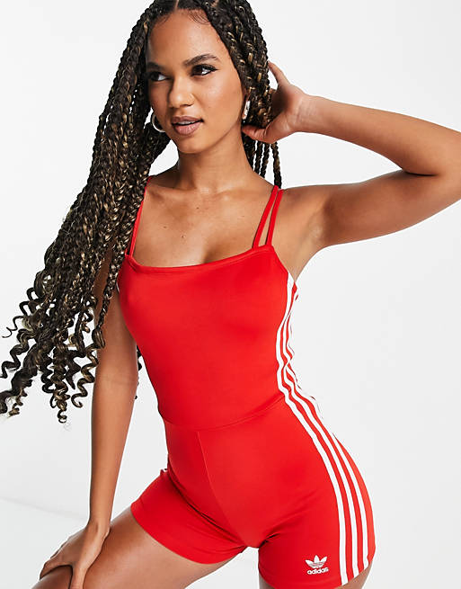 Jumpsuits & Playsuits adidas Originals adicolor three stripe fitted playsuit in red 