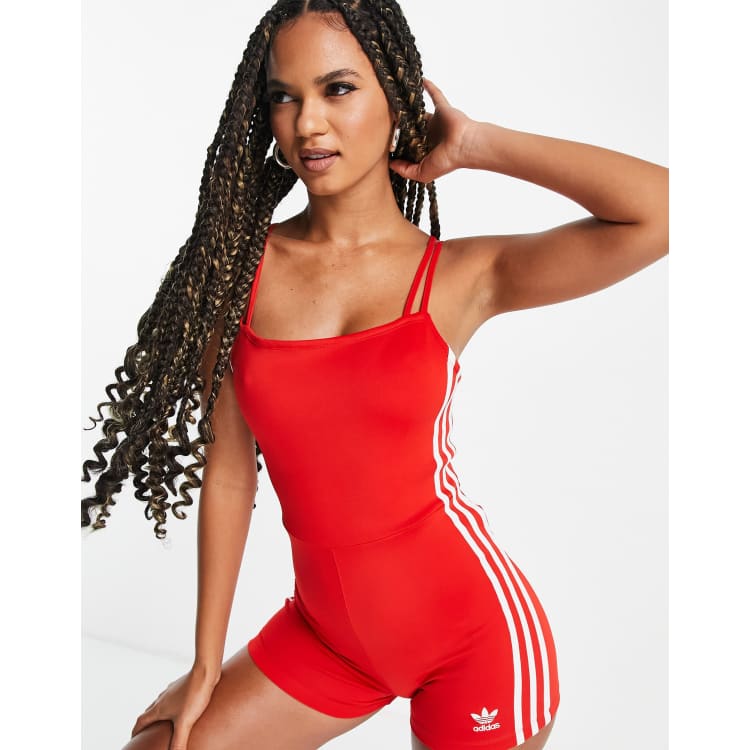 adidas Originals adicolor three stripe fitted romper in red ASOS