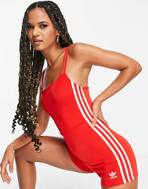 adidas Originals adicolor three stripe fitted romper in red ASOS