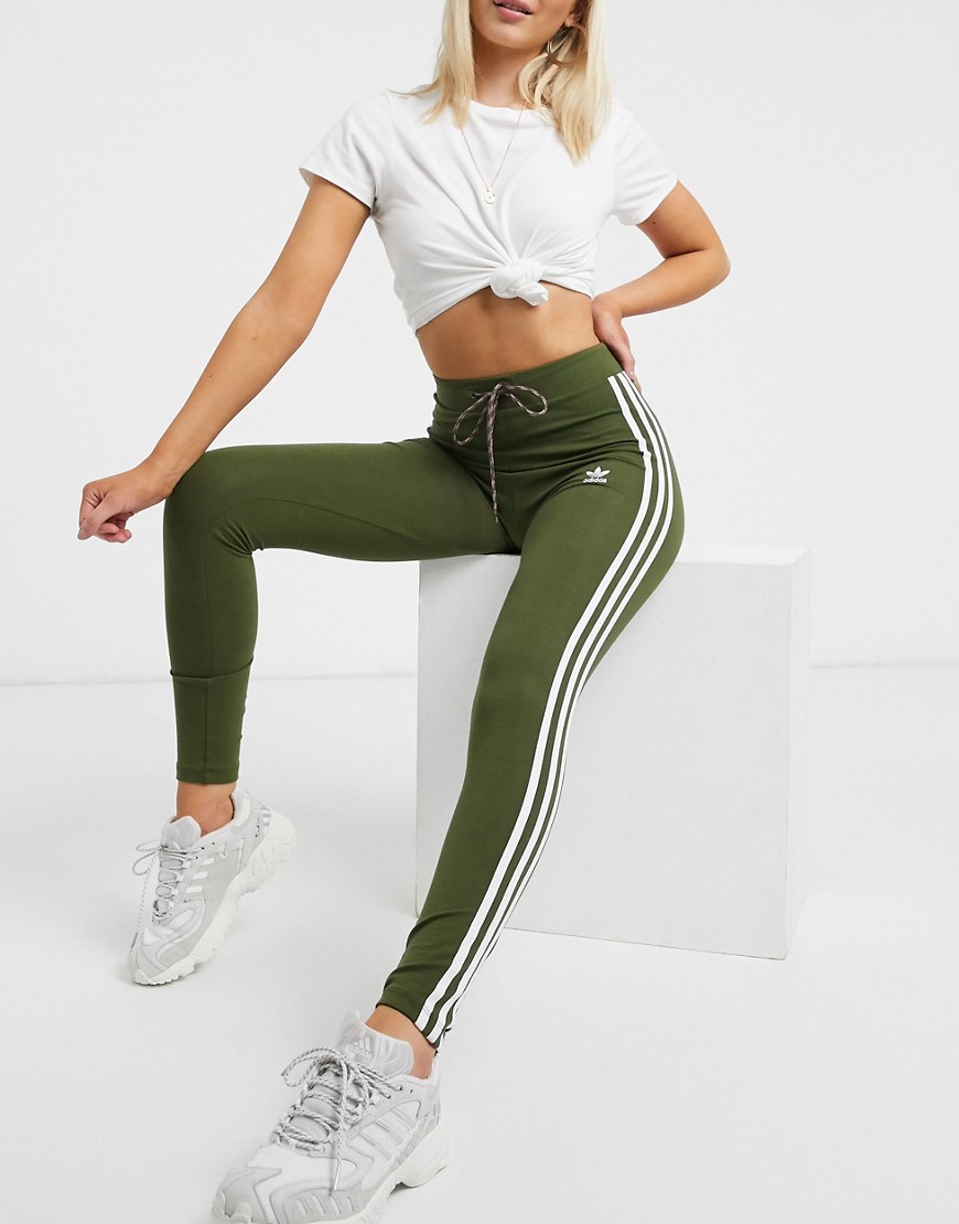 adidas Originals adicolor three stripe high waist leggings in green with drawstring waist