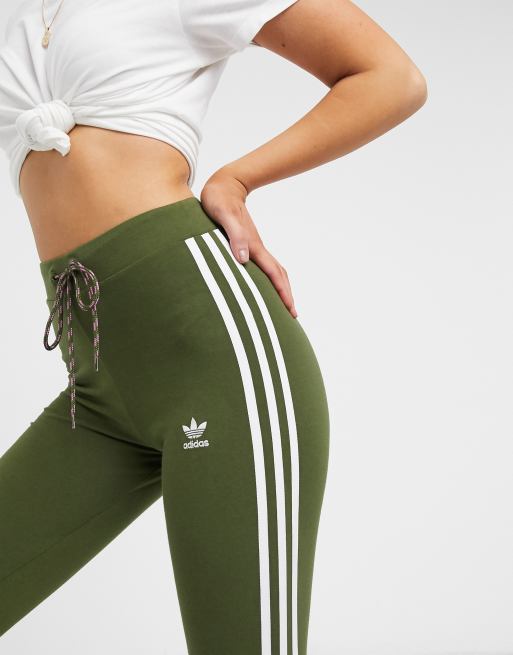 adidas Originals adicolor three stripe high waist leggings in green with  drawstring waist