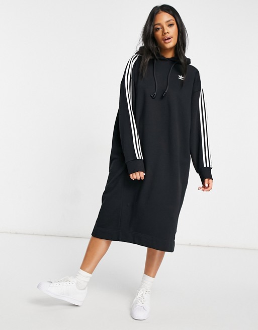adidas Originals adicolor three stripe hoodie dress in black