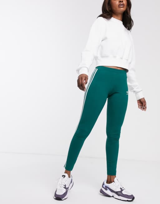 adidas Originals Adicolor 3 stripe leggings in dark green