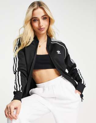  adidas Originals adicolor three stripe logo high neck zip up track jacket in black - ASOS Price Checker