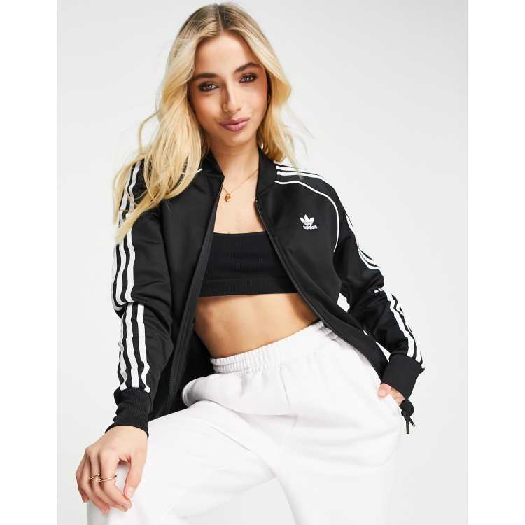 adidas Originals adicolor three stripe logo high neck zip up track jacket  in black | ASOS