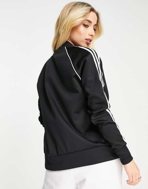 adidas Originals adicolor three stripe logo high neck zip up track jacket  in black