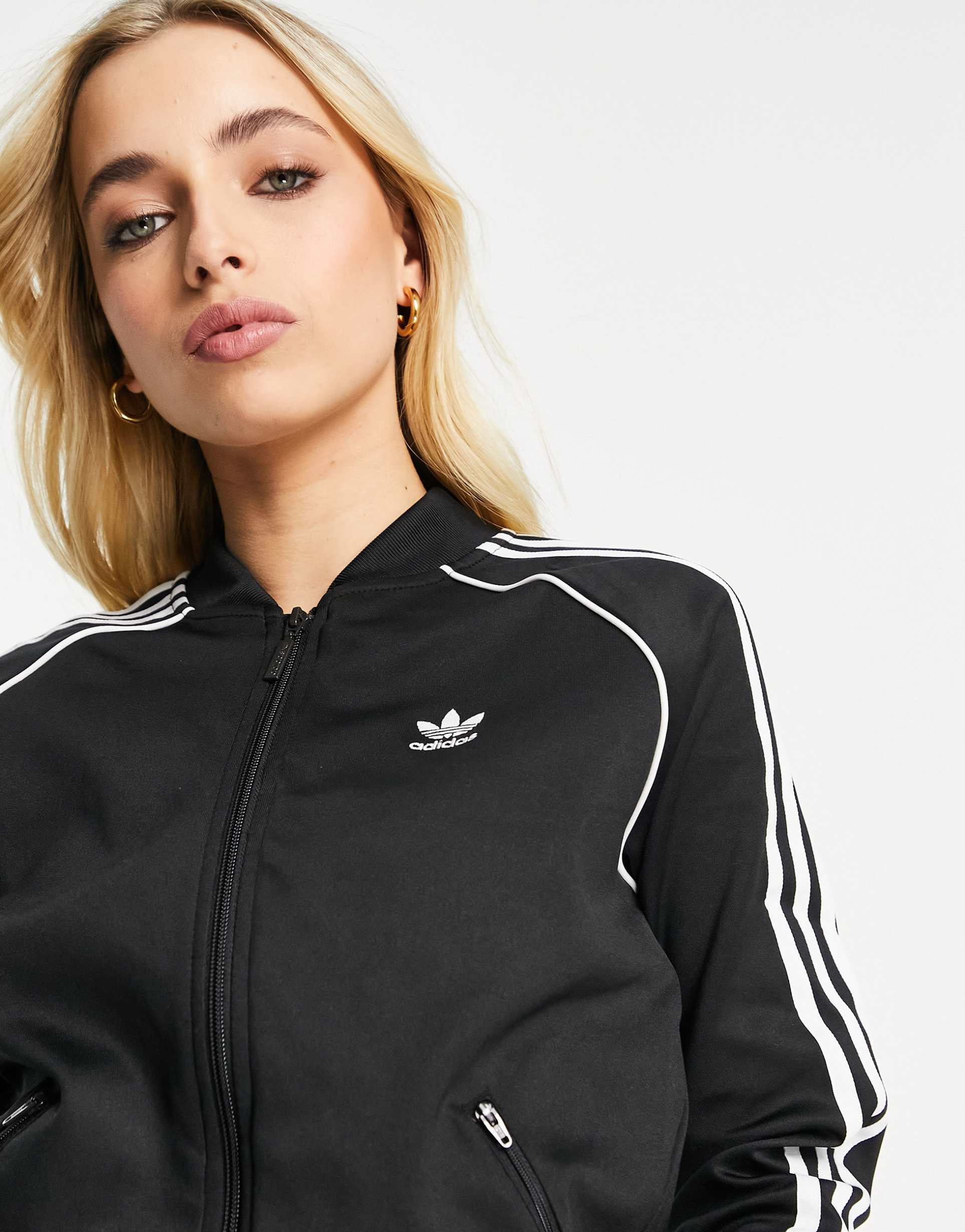 adidas Originals adicolor three stripe logo high neck zip up track jacket in black view 4
