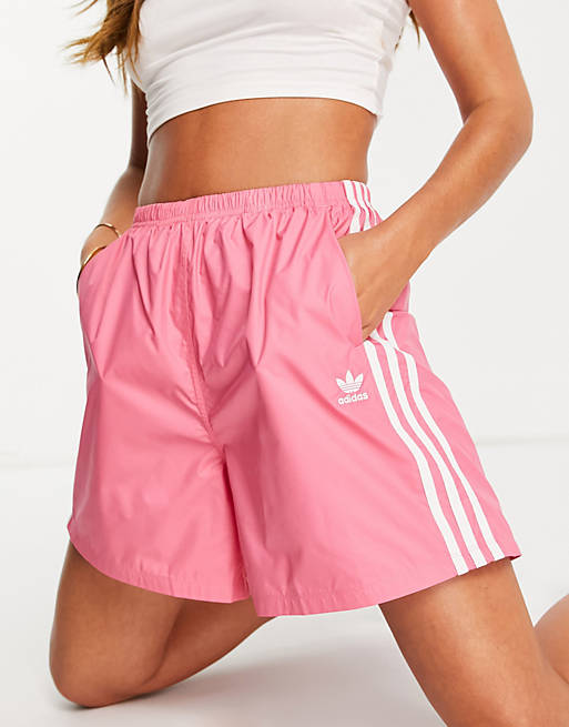 adidas Originals adicolor three stripe long length shorts in pink | ASOS