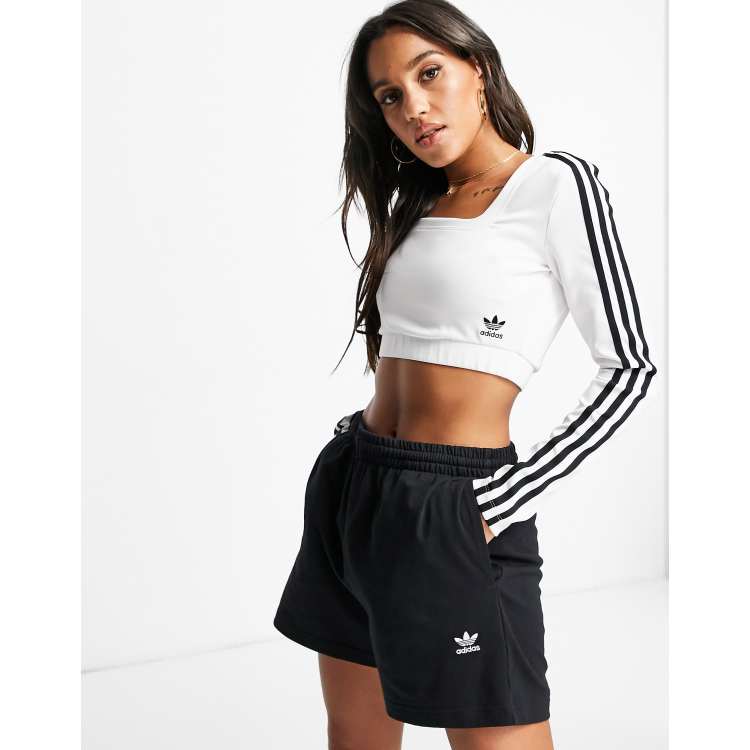adidas Originals adicolor three stripe long sleeve crop top in
