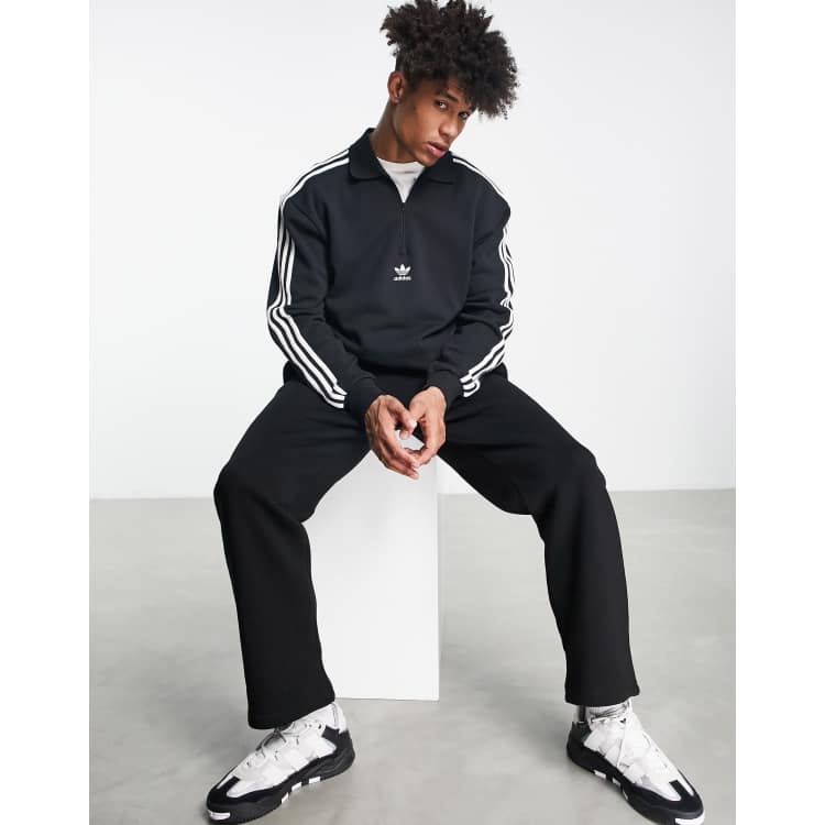 adidas Originals adicolor three stripe long polo top in black |