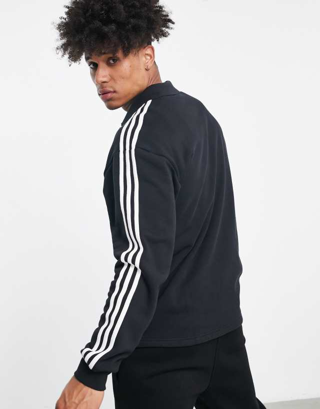 adidas Originals adicolor three stripe long sleeve polo top in black 0