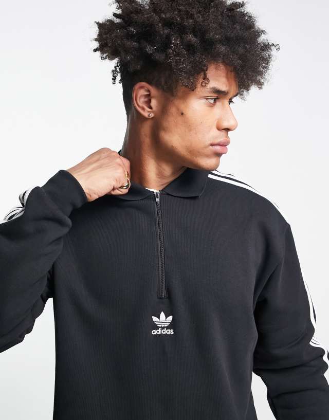adidas Originals adicolor three stripe long sleeve polo top in black 1